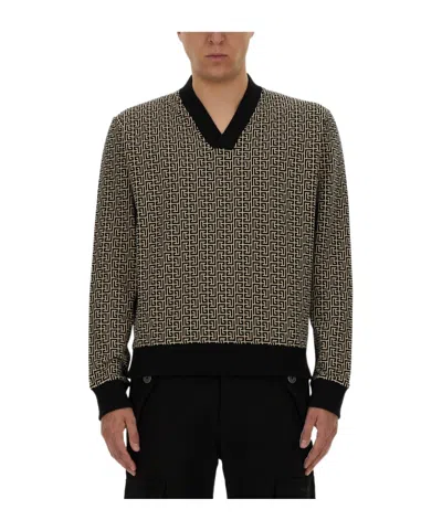BALMAIN BALMAIN V-NECK MONOGRAM JERSEY SWEATSHIRT