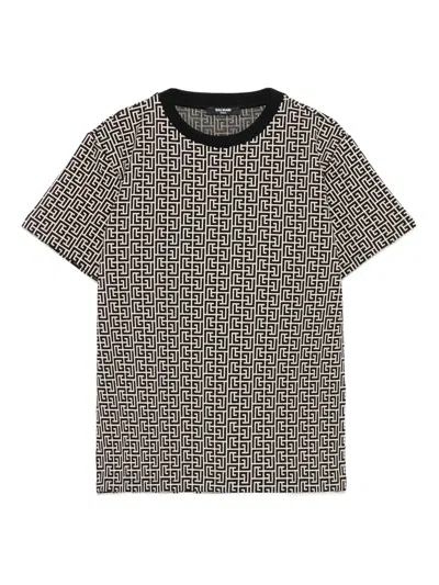 Balmain Mini Round Neck T-shirt With Contrast Ribbed Finish In Neutral