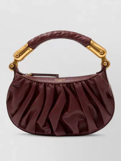 Balmain Mini Shoulder Bag Leather Top Handle Ruched In Red