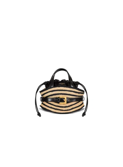 Balmain Mini Shuffle Bag In Smooth Leather And Raffia In Brown