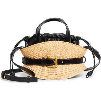 Balmain Mini Shuffle Belted Raffia Bag In Black