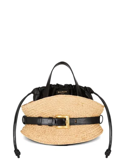 Balmain Shuffle Mini Top-handle Bag In Raffia And Calfskin In Nude