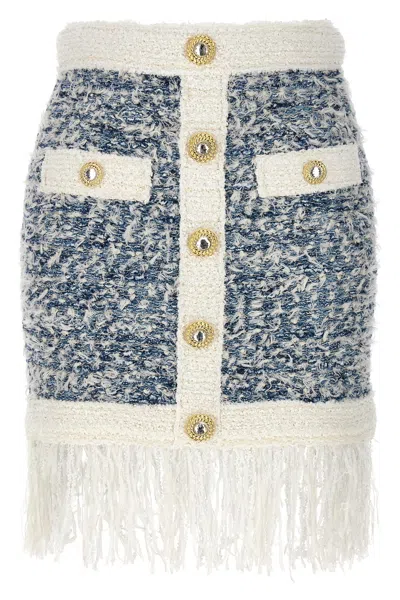 Balmain Mini Skirt 'buttoned Denim Fringed Tweed' In Light Blue