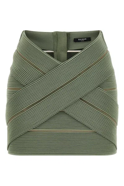 Balmain Mini Skirt With Gold-tone Back Zip In Green