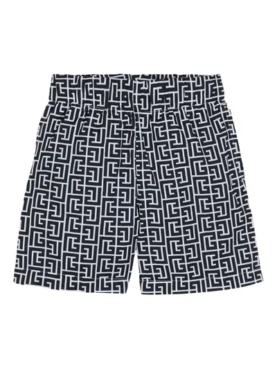 Balmain Mini Swim Shorts With Pb Monogram Print And Elastic Waistband In Blue