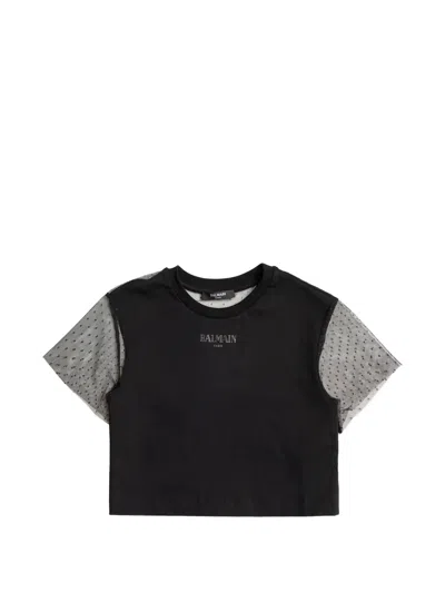 Balmain Mini Tulle Sleeve Top With Front Logo In Black