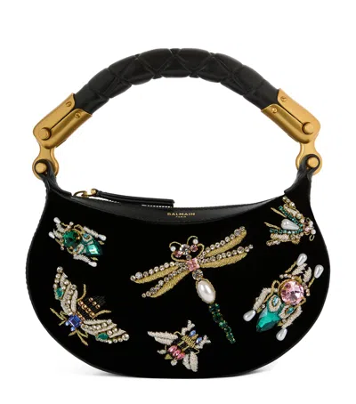 Balmain Mini Velvet Ebene Top-handle Bag In Black