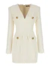 BALMAIN MINI WHITE DRESS WITH V NECKLINE AND JEWEL BUTTONS IN TWEED WOMAN