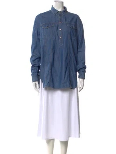 Pre-owned Balmain Mock Neck Long Sleeve Button-up Top In Blue