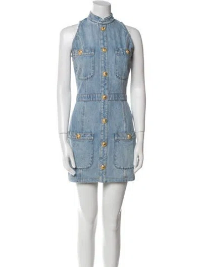 Pre-owned Balmain Mock Neck Mini Dress In Blue