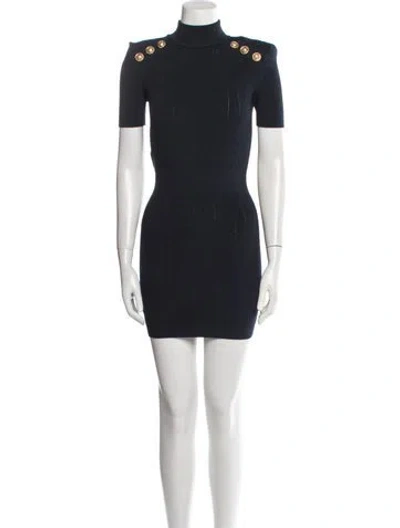 Pre-owned Balmain Mock Neck Mini Dress In Blue