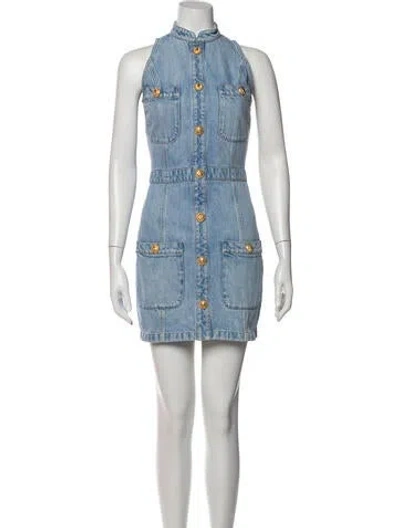 Pre-owned Balmain Mock Neck Mini Dress In Blue