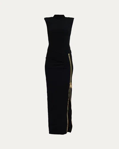 Balmain Mock-neck Zip Slit Sleeveless Gown In Black