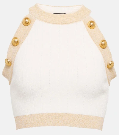 Balmain Mockneck Knit Crop Top In Naturel/or