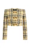 Balmain Checked Tweed Cropped Jacket In Brown
