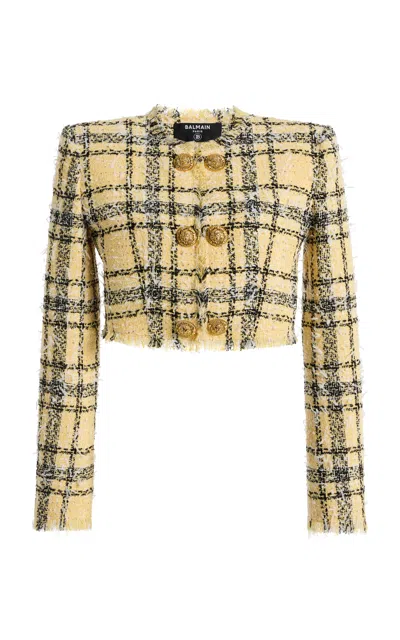 Balmain Checked Tweed Cropped Jacket In Brown