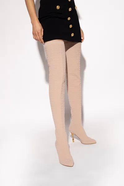Balmain 95mm Monogram-knit Over-the-knee Boots In Beige