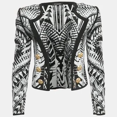 Pre-owned Balmain Monochrome Folkloric Patterned Jacquard Open Front Blazer M In Black