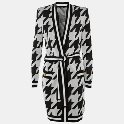 Pre-owned Balmain Monochrome Houndstooth Belted Cardigan M In Black