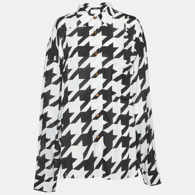 Pre-owned Balmain Monochrome Houndstooth Print Poplin Button Front Shirt L In White