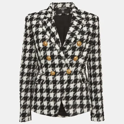 Pre-owned Balmain Monochrome Houndstooth Tweed Double Breasted Blazer M In Black