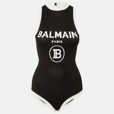 Pre-owned Balmain Monochrome Logo Knit Bodysuit S In Black