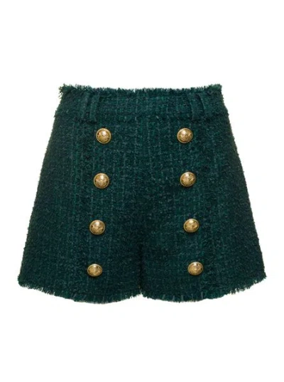 Balmain Monochrome Tweed High-waisted Shorts With Lion Head Buttons In Green