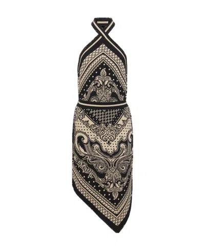BALMAIN BACKLESS KNIT PAISLEY AND MONOGRAM DRESS