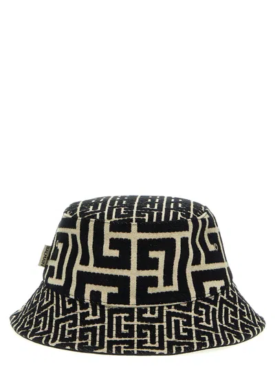 Balmain Black & Off-white Monogram Bucket Hat In Multi
