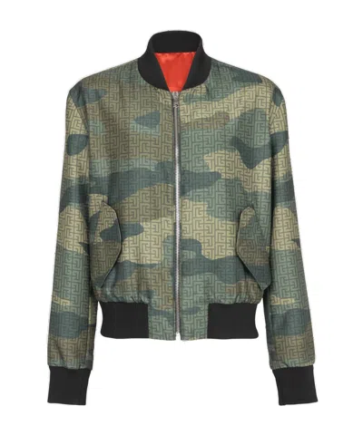 Balmain Monogram Camouflage-print Bomber Jacket In Green