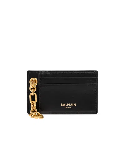 Balmain Monogram Chain Card Holder Wallet In Black