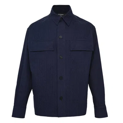 Balmain Monogram Cotton Overshirt In Blue