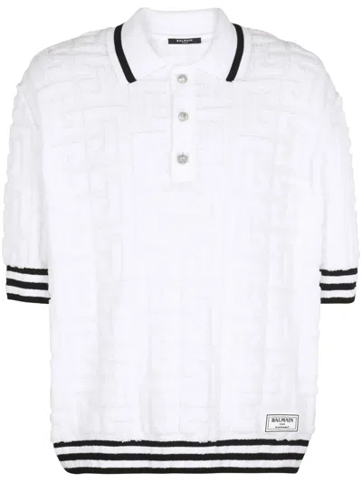 Balmain Monogram Cotton Towelling Polo Shirt In White