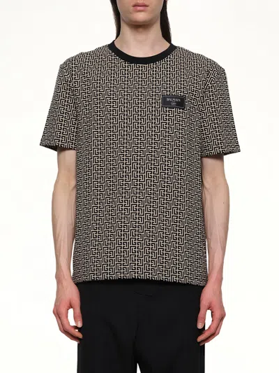 Balmain Black & Beige Monogram Jacquard T-shirt