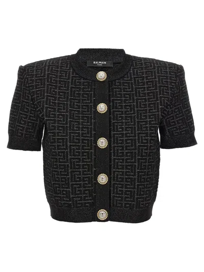 Balmain 'monogram' Cropped Cardigan In Black
