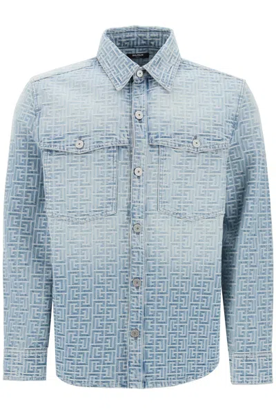 Balmain Monogram Denim Overshirt In Blue