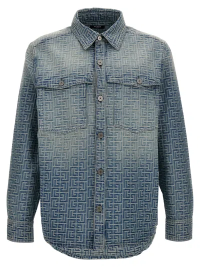 Balmain Monogram Denim Overshirt In Blue