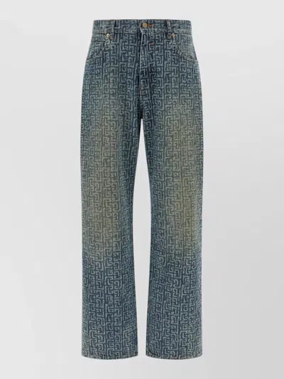 Balmain Monogram Denim Trousers All Over Pattern In Blue