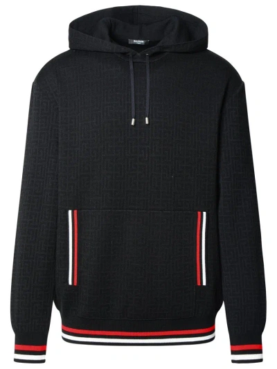 Balmain Monogram Drawstring Hoodie In Eim Noir/blanc/rouge