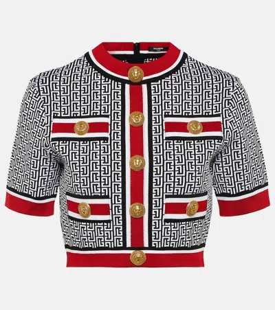 Balmain Monogram Jacquard Short Sleeve Crop Sweater In Black White Red