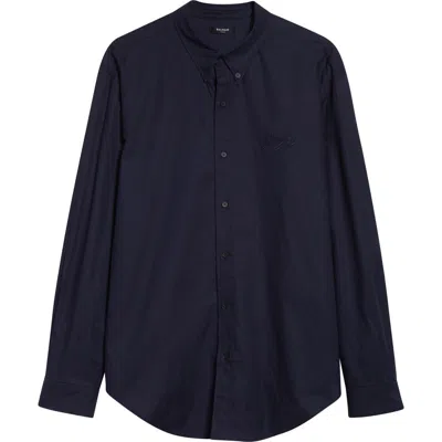 Balmain Monogram Embroidery Cotton Button-down Shirt In Blue