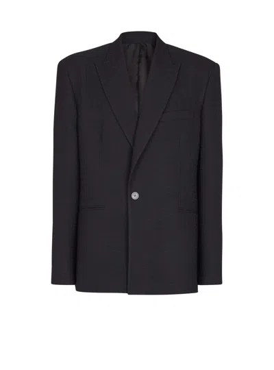 Balmain Monogram Grain De Poudre 1-button Jacket In Black