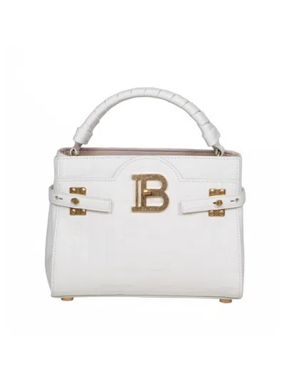 Balmain Monogram Grained Leather Handbag In White