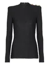 Balmain Ls Bouclette Monogram-pattern Button Top In Black
