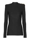 Balmain Ls Bouclette Monogram-pattern Button Top In Black