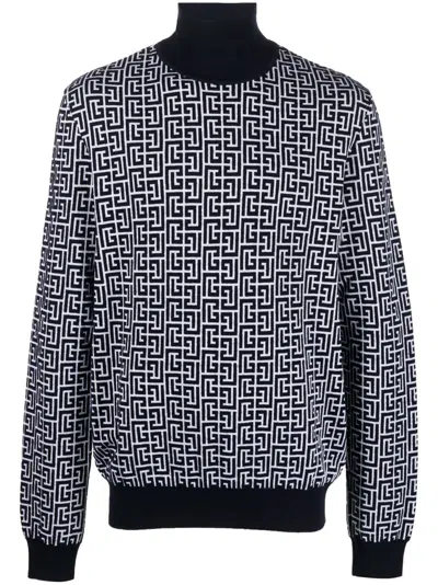 Balmain Monogram-intarsia Roll-neck Jumper In Blue