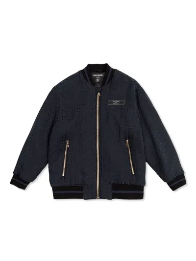 Balmain Kids' Monogram-jacquard Bomber Jacket In Blue