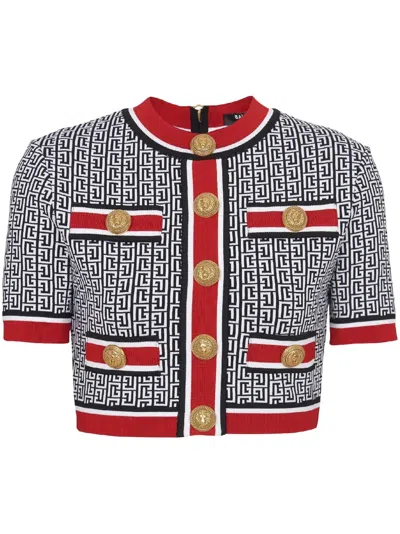 BALMAIN MONOGRAM-JACQUARD CROP TOP