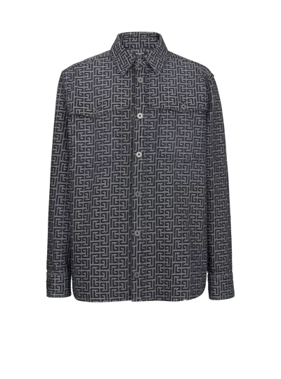Balmain Monogram-jacquard Denim Shirt In Black