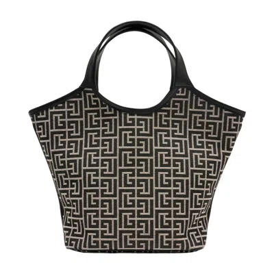 Balmain Monogram Jacquard Leather Top Handle Bag In Black